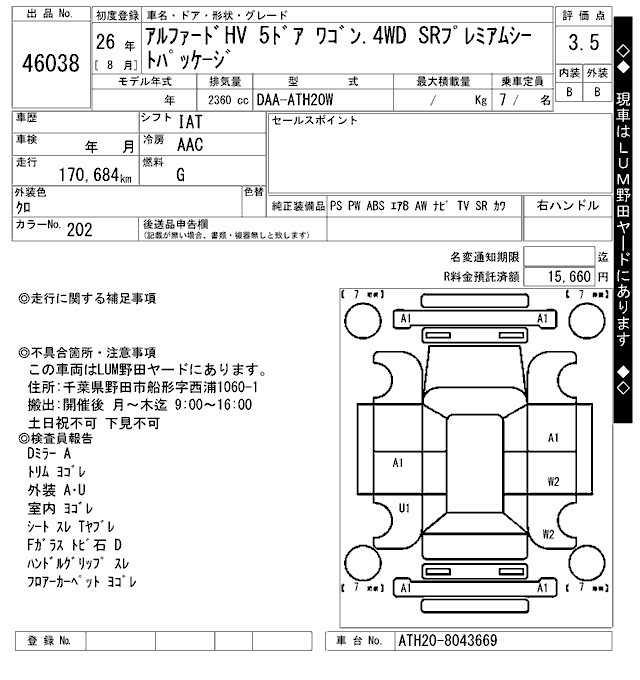 Аукционный лист TOYOTA ALPHARD 2014