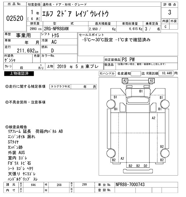 Аукционный лист ISUZU ELF 2019