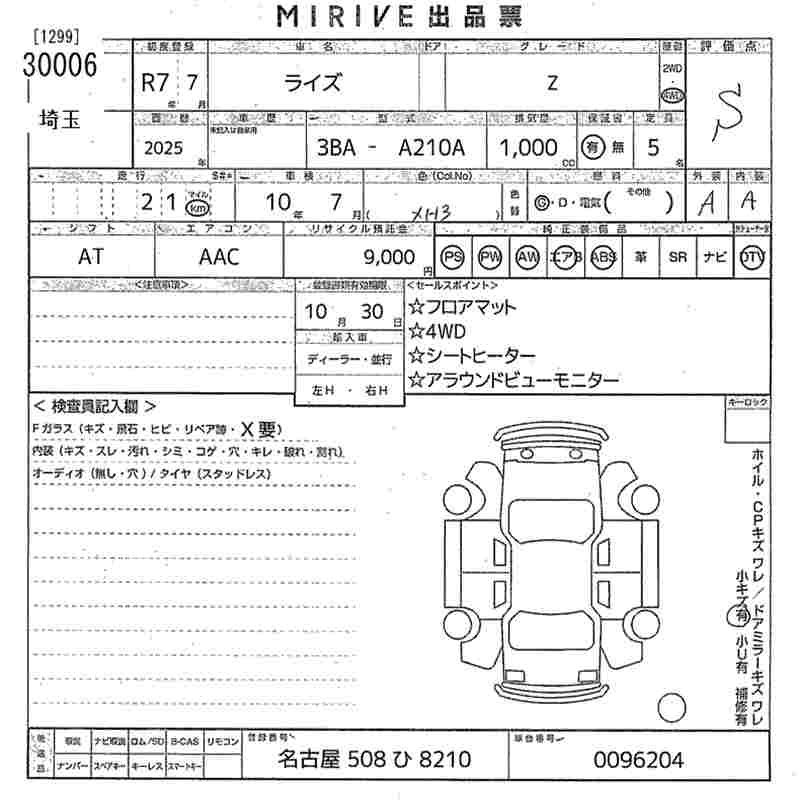 Аукционный лист TOYOTA RAIZE 2025
