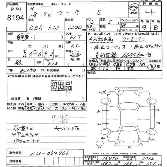 Аукционный лист NISSAN MARCH 2016