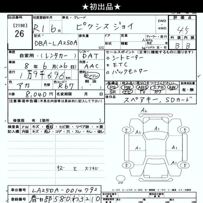 Аукционный лист TOYOTA PIXIS JOY 2019