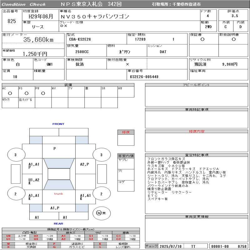 Аукционный лист NISSAN CARAVAN 2017
