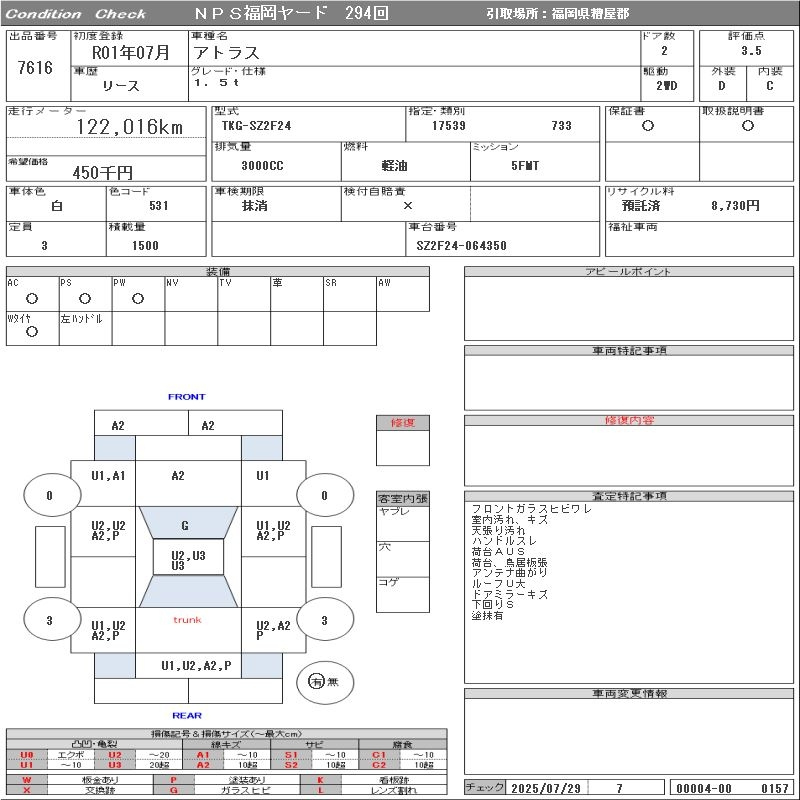 Аукционный лист NISSAN ATLAS 2019