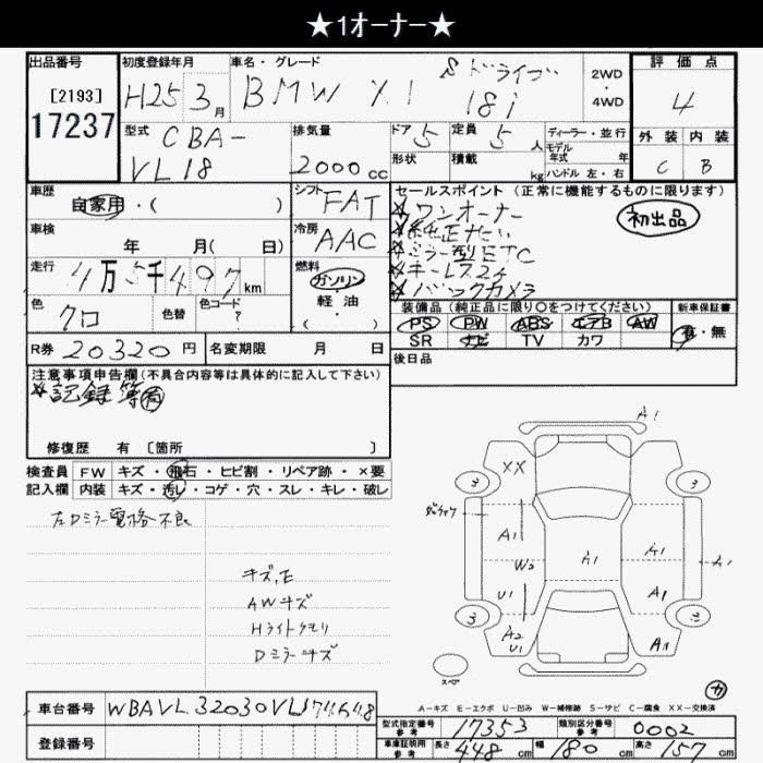Аукционный лист BMW X1 2013