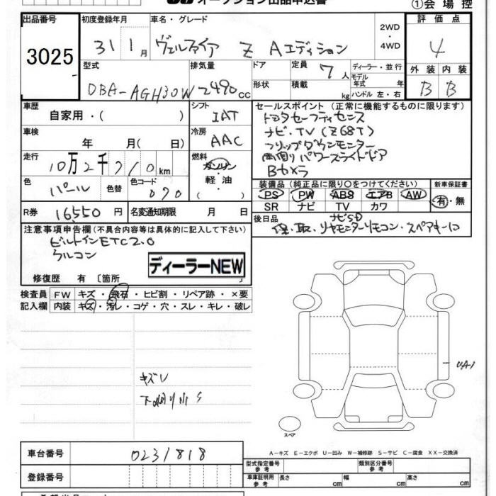 Аукционный лист TOYOTA VELLFIRE 2019