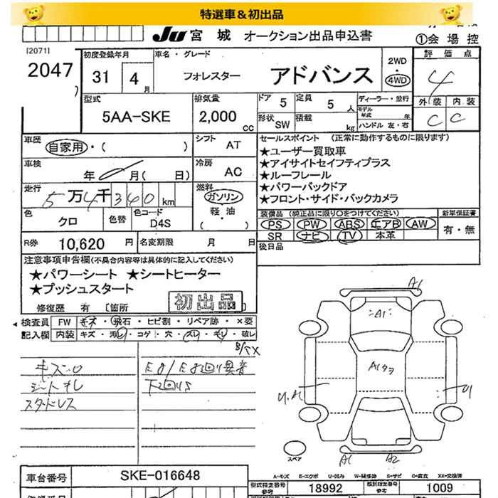 Аукционный лист SUBARU FORESTER 2019