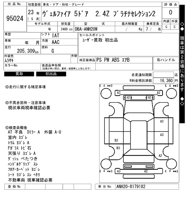 Аукционный лист TOYOTA VELLFIRE 2011