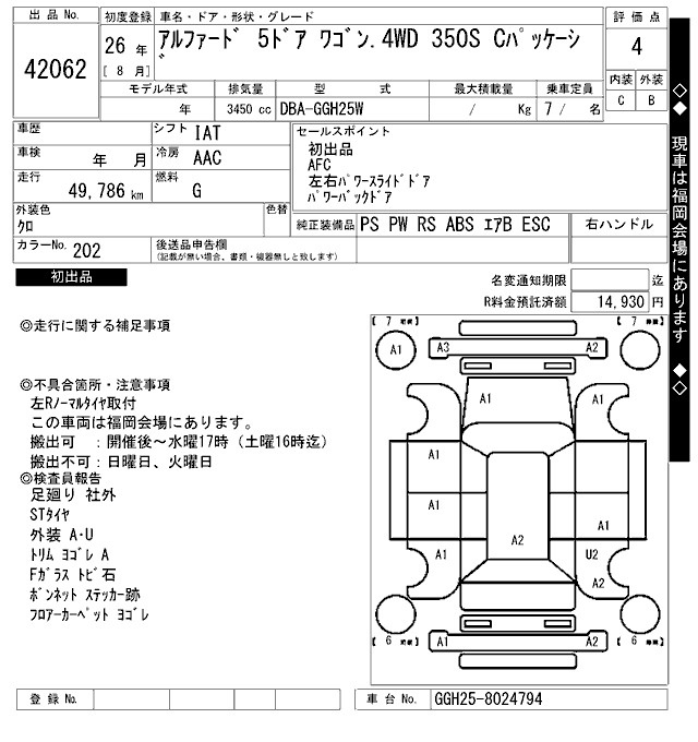 Аукционный лист TOYOTA ALPHARD 2014