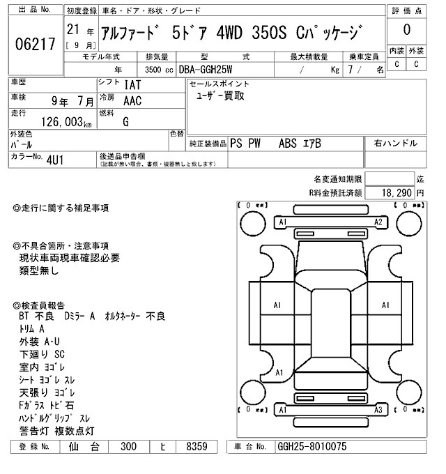 Аукционный лист TOYOTA ALPHARD 2009