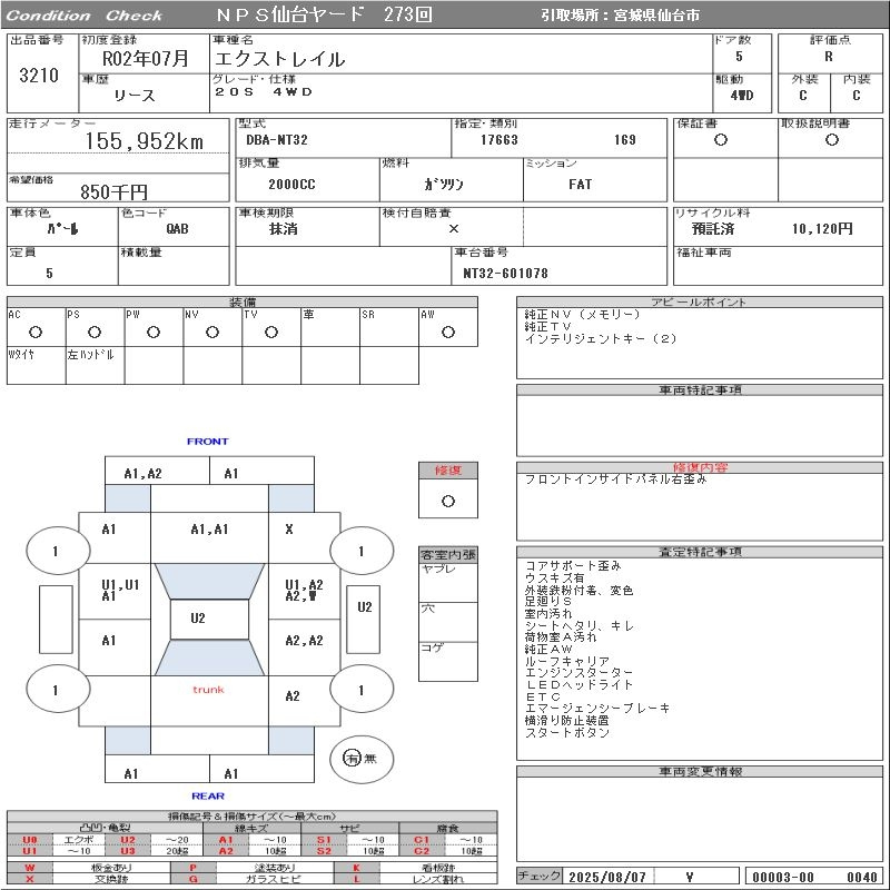 Аукционный лист NISSAN X-TRAIL 2020