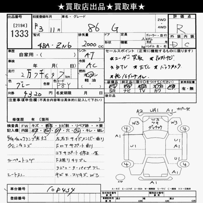 Аукционный лист TOYOTA 86 2021