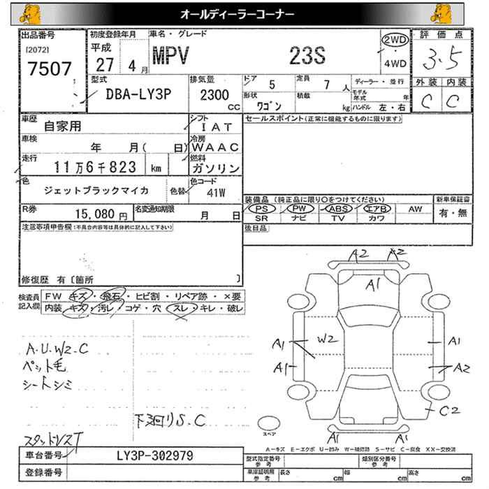 Аукционный лист MAZDA MPV 2015