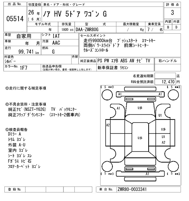 Аукционный лист TOYOTA NOAH 2014