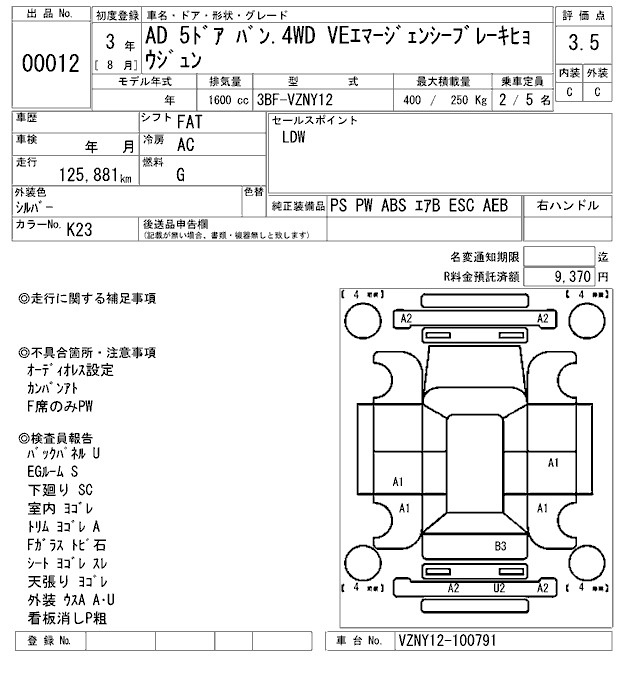 Аукционный лист NISSAN AD 2021