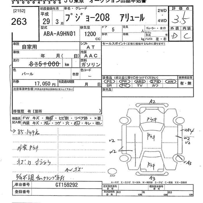 Аукционный лист PEUGEOT 208 2017