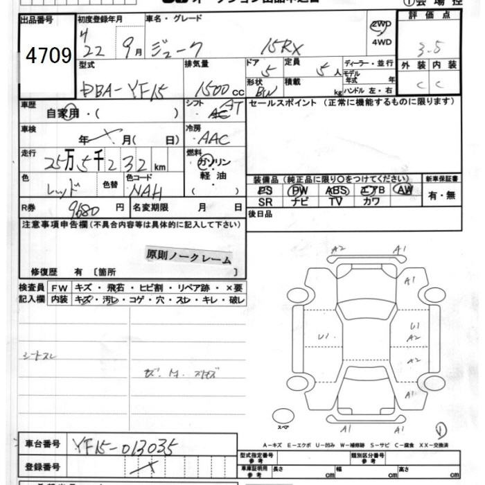 Аукционный лист NISSAN JUKE 2010