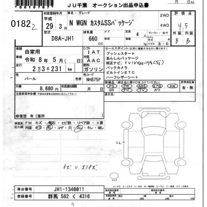 Аукционный лист HONDA N WGN 2017
