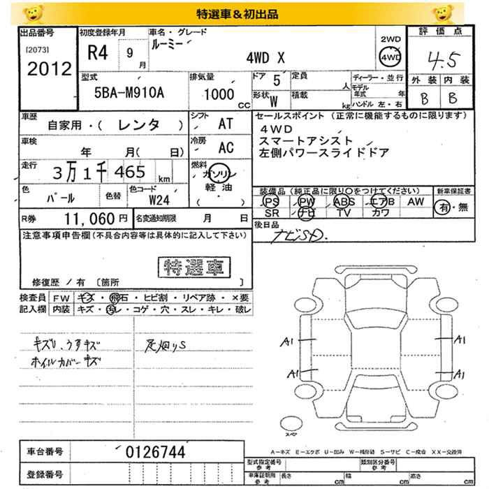 Аукционный лист TOYOTA ROOMY 2022