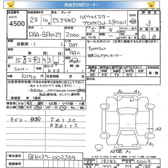 Аукционный лист NISSAN SERENA 2016