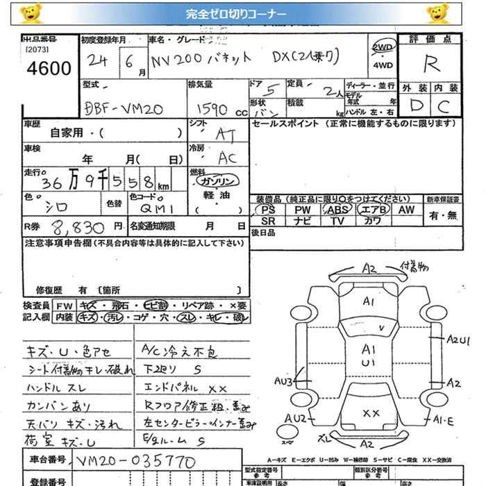 Аукционный лист NISSAN NV200 2012