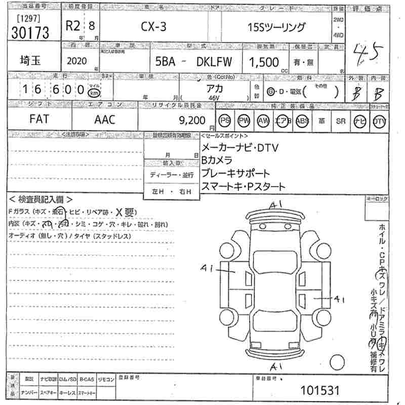 Аукционный лист MAZDA CX-3 2020