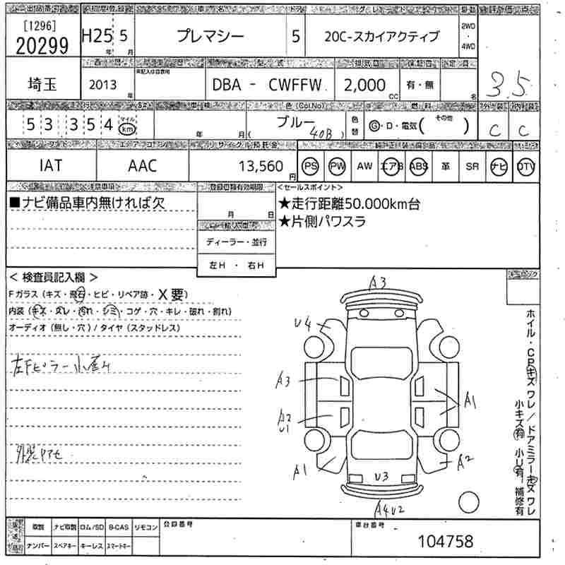Аукционный лист MAZDA PREMACY 2013