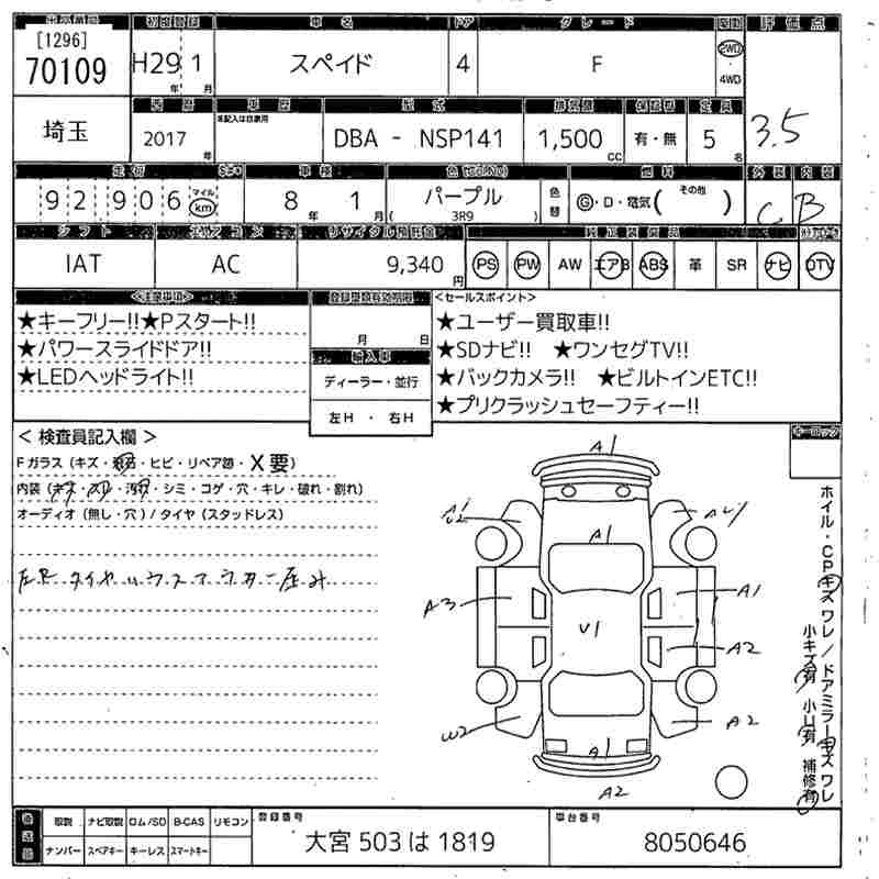 Аукционный лист TOYOTA SPADE 2017