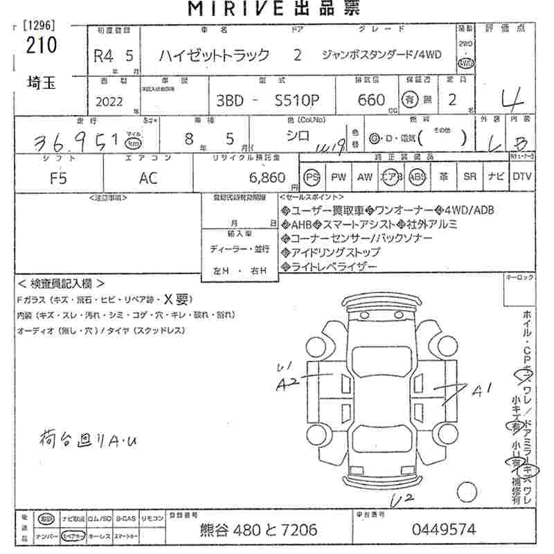 Аукционный лист DAIHATSU HIJET TRUCK 2022