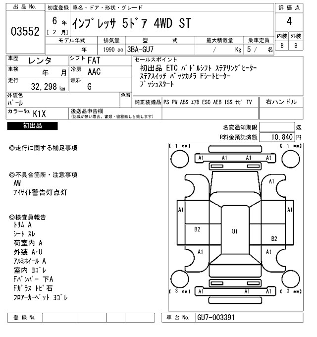 Аукционный лист SUBARU IMPREZA 2024