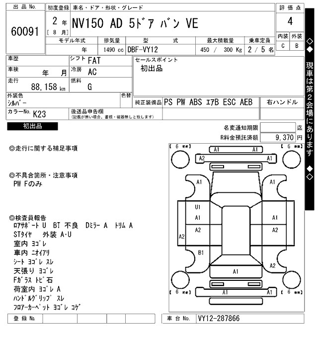 Аукционный лист NISSAN AD 2020