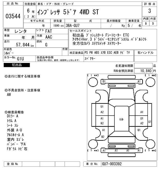 Аукционный лист SUBARU IMPREZA 2024