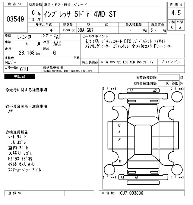 Аукционный лист SUBARU IMPREZA 2024