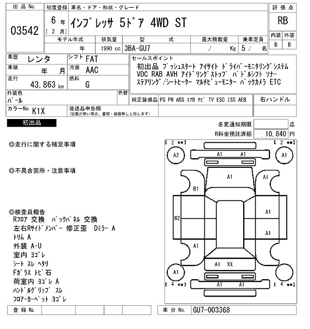 Аукционный лист SUBARU IMPREZA 2024
