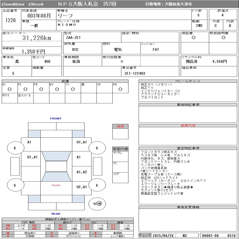 Аукционный лист NISSAN LEAF 2021