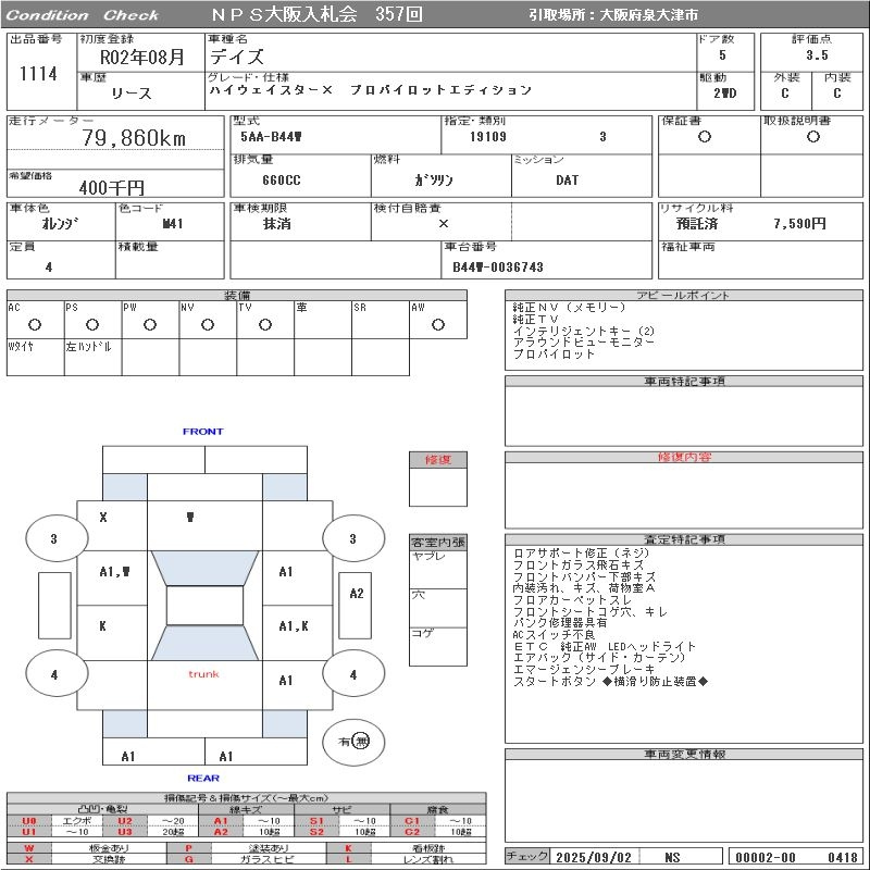 Аукционный лист NISSAN DAYZ 2020