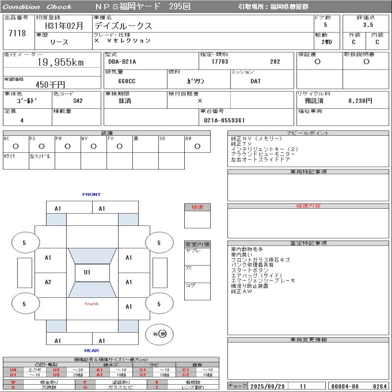 Аукционный лист NISSAN DAYZ ROOX 2019