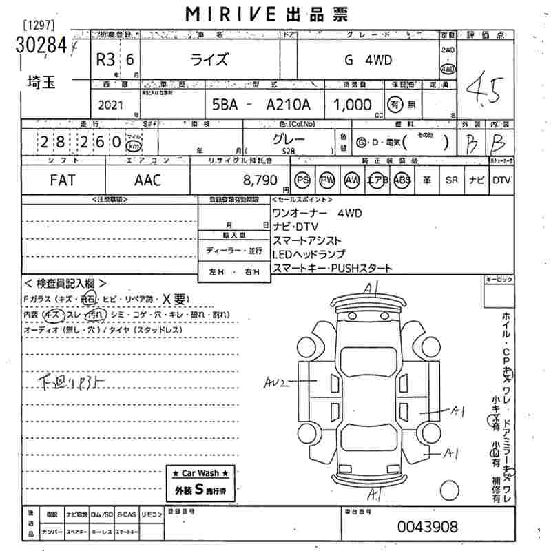 Аукционный лист TOYOTA RAIZE 2021