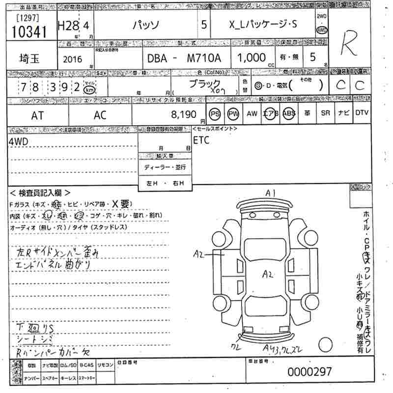 Аукционный лист TOYOTA PASSO 2016