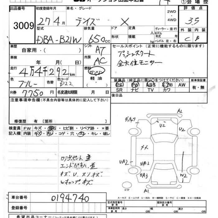 Аукционный лист NISSAN DAYZ 2015