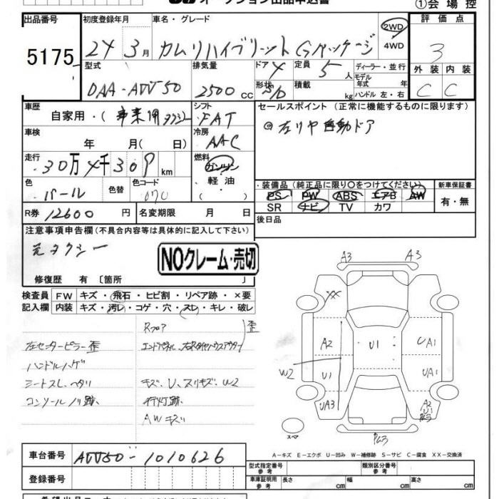 Аукционный лист TOYOTA CAMRY 2012