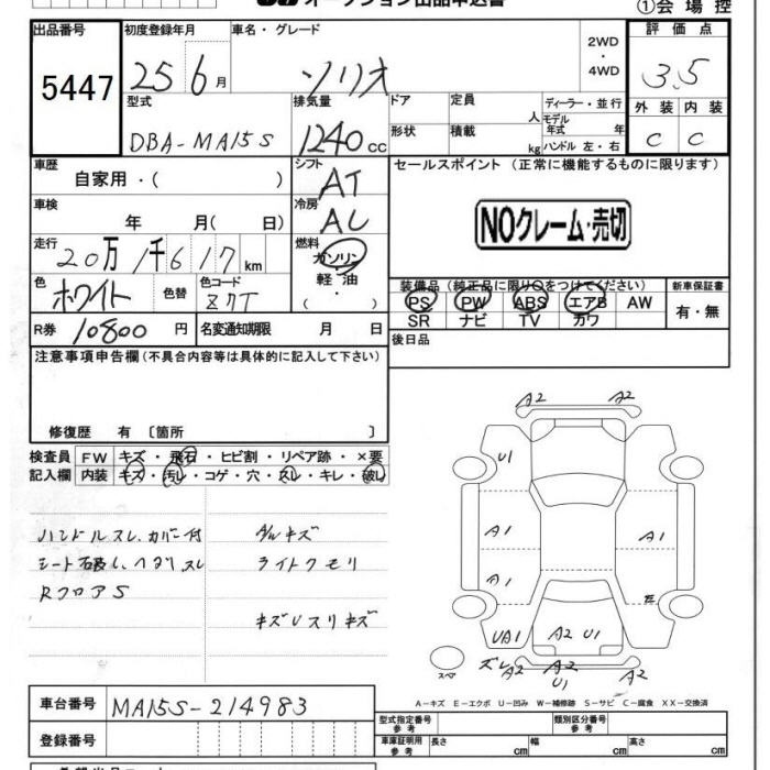 Аукционный лист SUZUKI SOLIO 2013