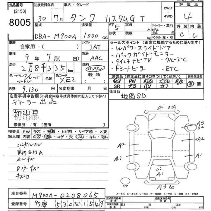 Аукционный лист TOYOTA TANK 2018