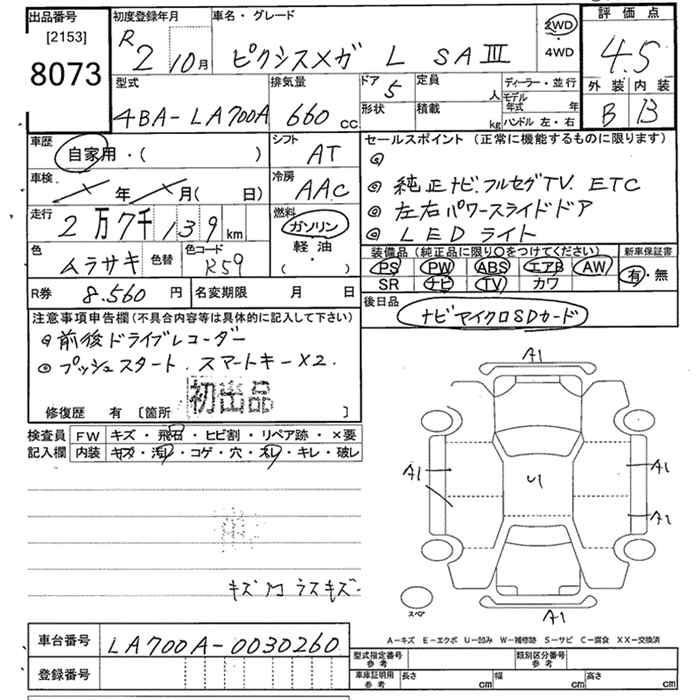 Аукционный лист TOYOTA PIXIS MEGA 2020