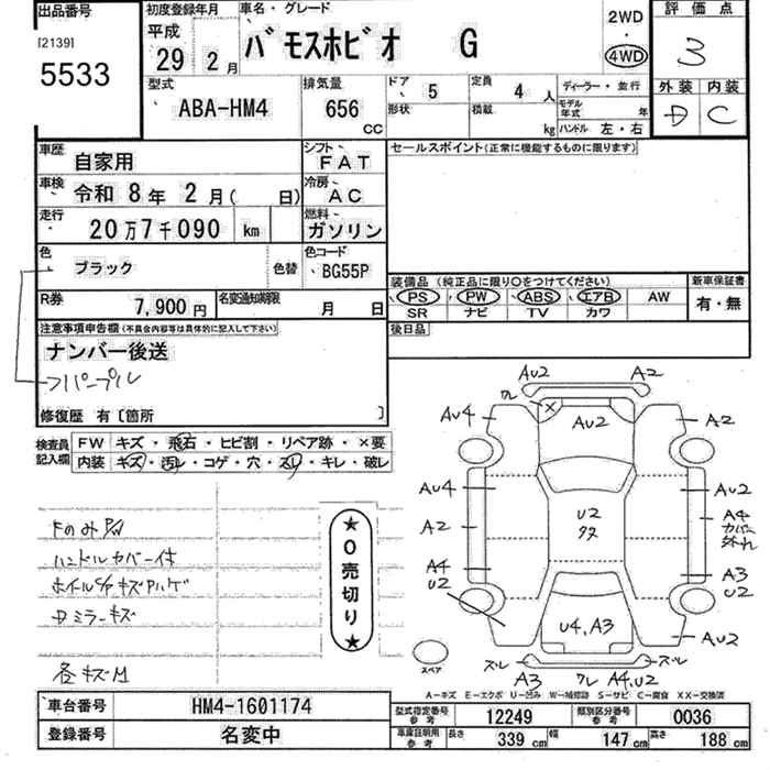 Аукционный лист HONDA VAMOS 2017