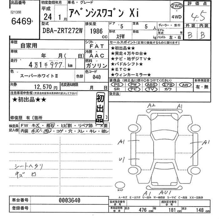 Аукционный лист TOYOTA AVENSIS WAGON 2012