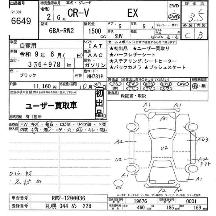 Аукционный лист HONDA CR-V 2020