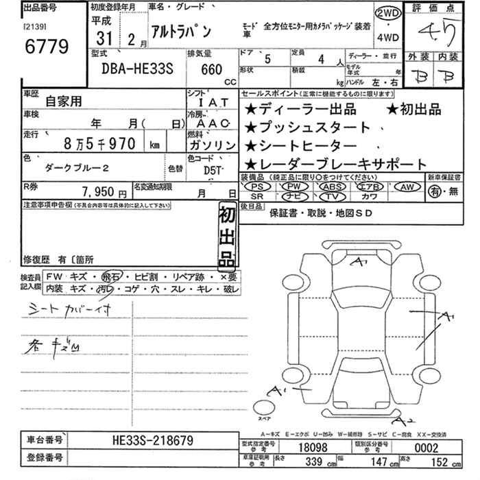 Аукционный лист SUZUKI ALTO LAPIN 2019