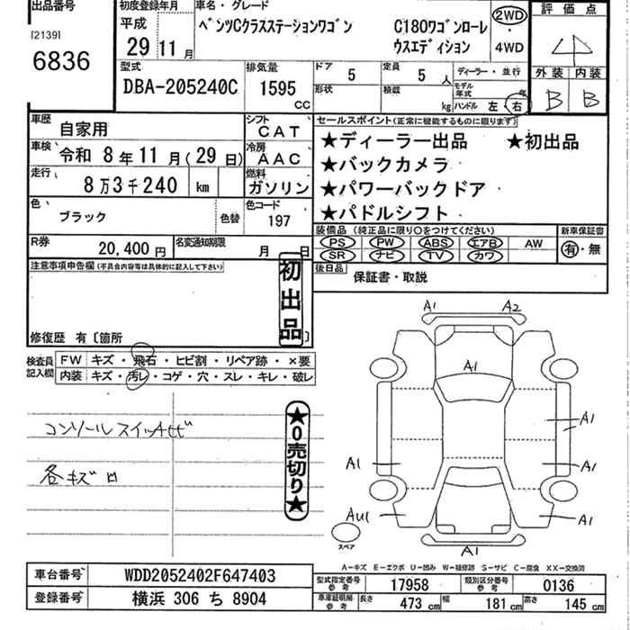 Аукционный лист MERCEDES BENZ C CLASS WAGON 2017