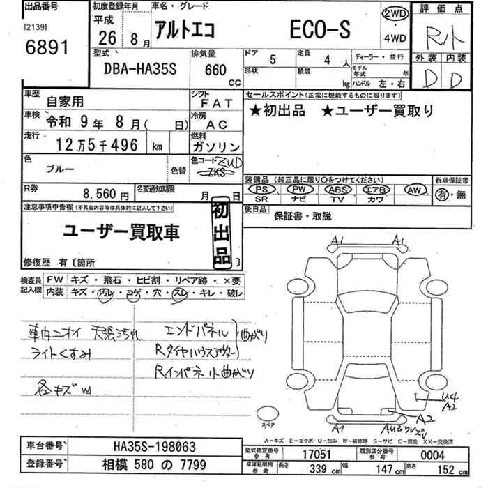 Аукционный лист SUZUKI ALTO ECO 2014