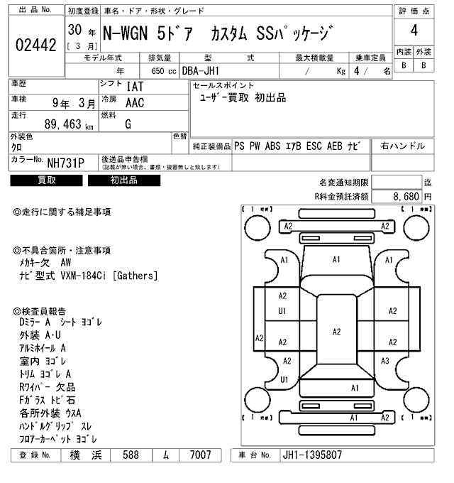 Аукционный лист HONDA N WGN 2018